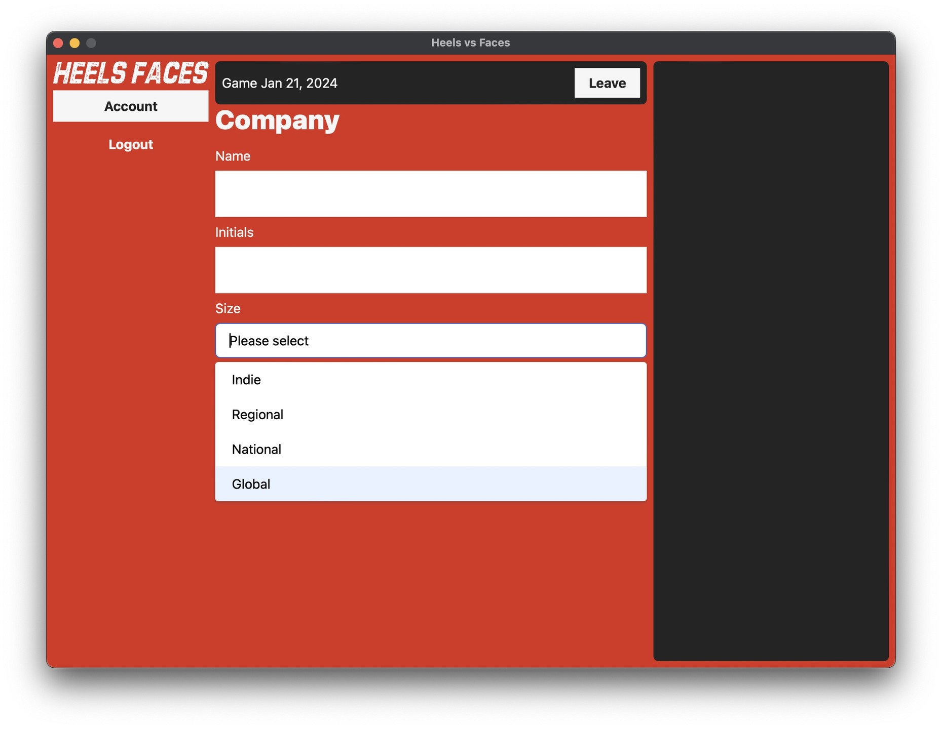 Heels vs Faces Create a Company screen